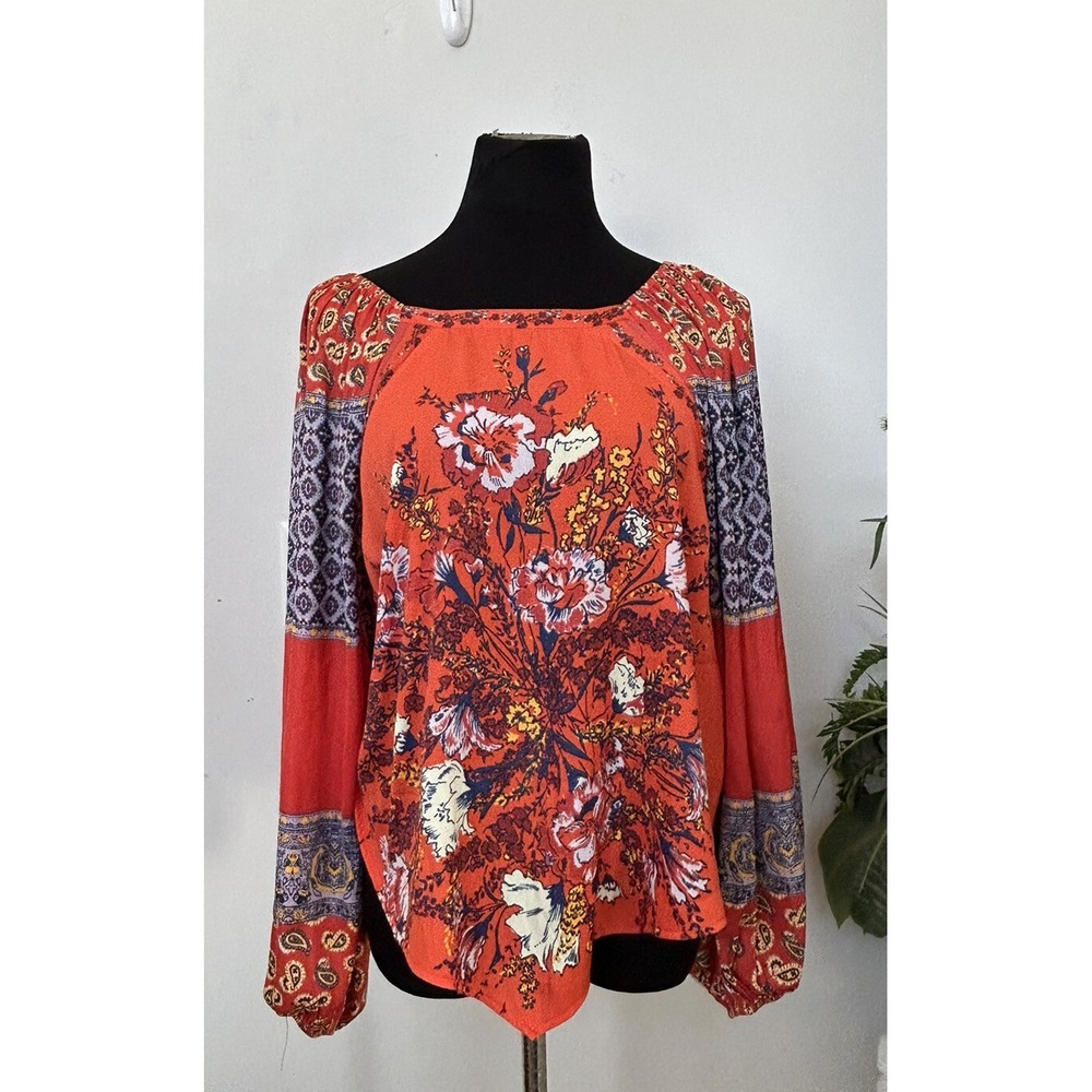 Free People Positano Print Cherry Combo Peasant Floral Boho Blouse Size XS - Picture 2 of 5